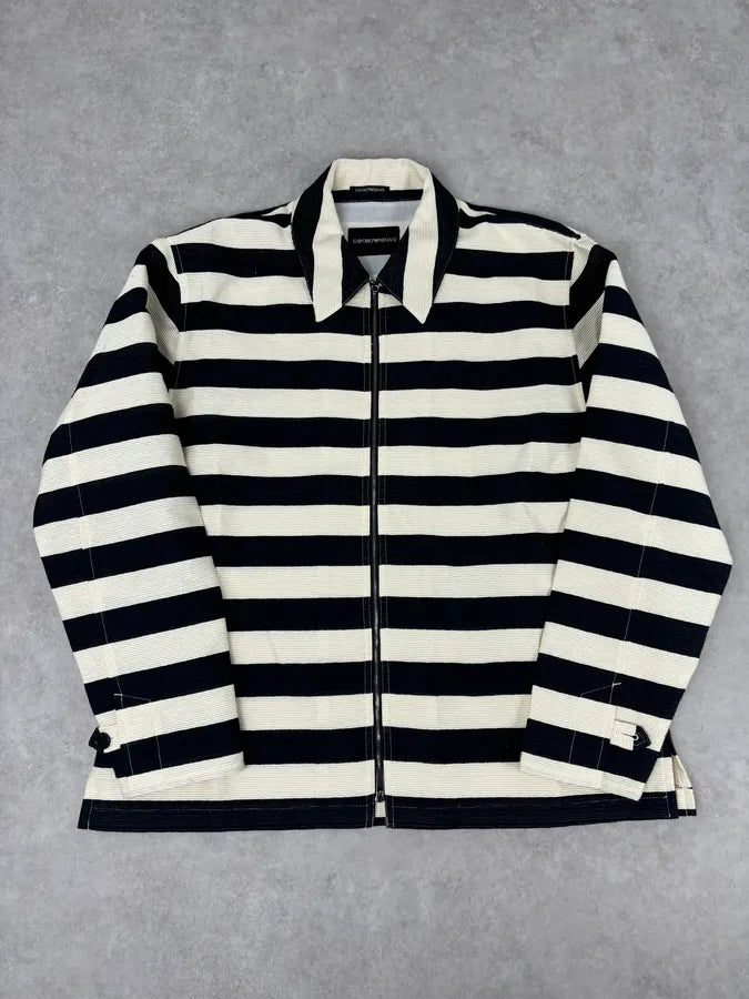 AW2022 Emporio Armani Black White Striped Cotton Zip Shirt Jacket haWHMUy 0