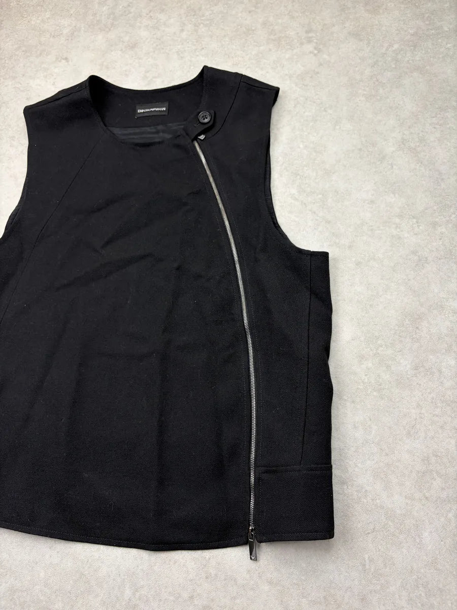 AW2022 Emporio Armani Black Wool Asymmetric Zip Vest FXvGDhE 3