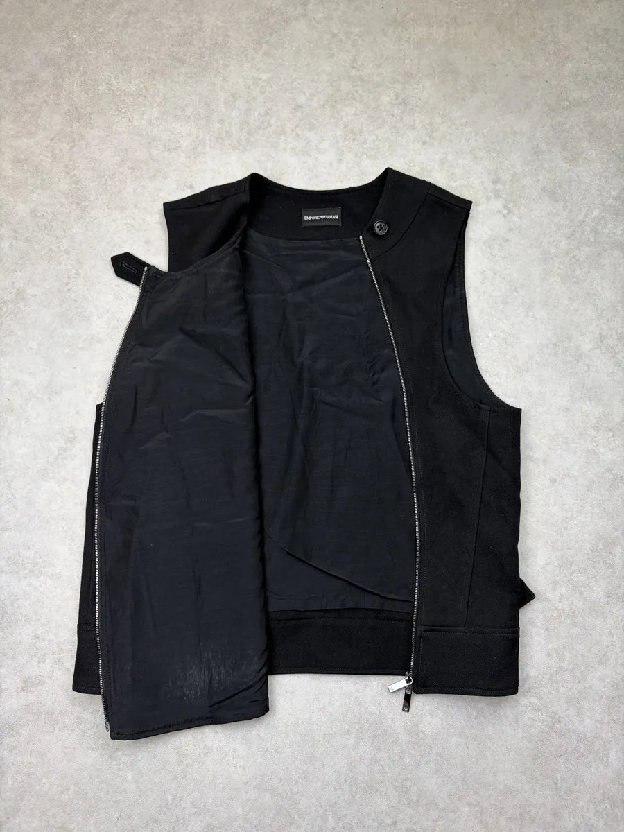 AW2022 Emporio Armani Black Wool Asymmetric Zip Vest FXvGDhE 7