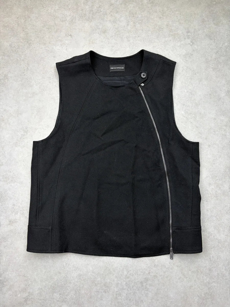 AW2022 Emporio Armani Black Wool Asymmetric Zip Vest FXvGDhE 0