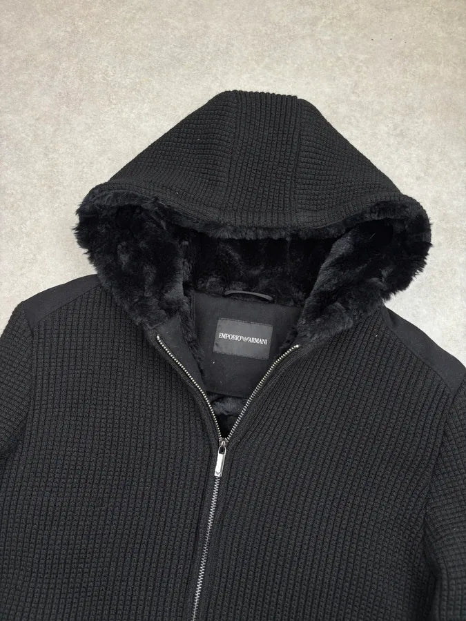 AW2013 Emporio Armani Black Wool Faux Fur Lined Zip-up Hoodie xuTAPPg 3