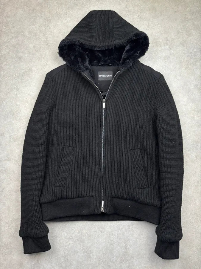 AW2013 Emporio Armani Black Wool Faux Fur Lined Zip-up Hoodie xuTAPPg 0