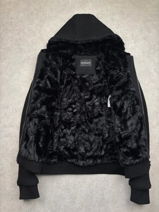 AW2013 Emporio Armani Black Wool Faux Fur Lined Zip-up Hoodie xuTAPPg 6
