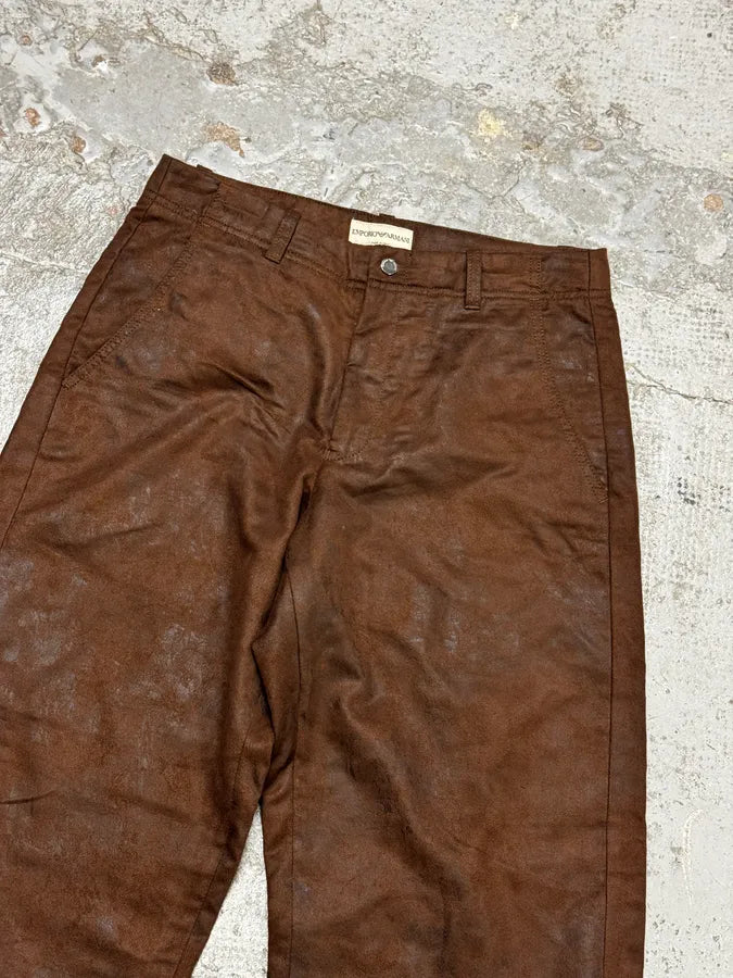 1990s Emporio Armani Brown Irregular Leather Large Pants NZJtyph 5
