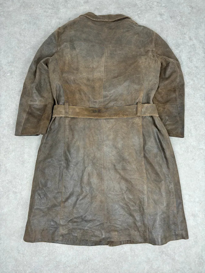 AW2003 Emporio Armani Brown Eroded Leather Belted Trench Coat niuWjCp 2