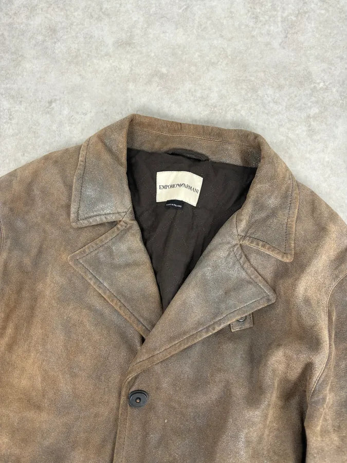 AW2003 Emporio Armani Brown Eroded Leather Belted Trench Coat niuWjCp 1