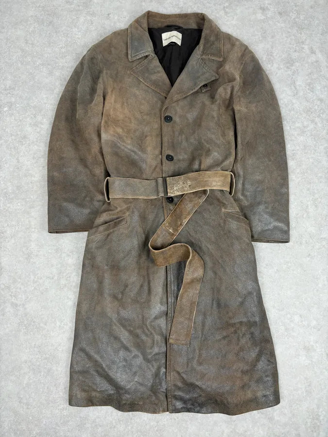 AW2003 Emporio Armani Brown Eroded Leather Belted Trench Coat niuWjCp 0