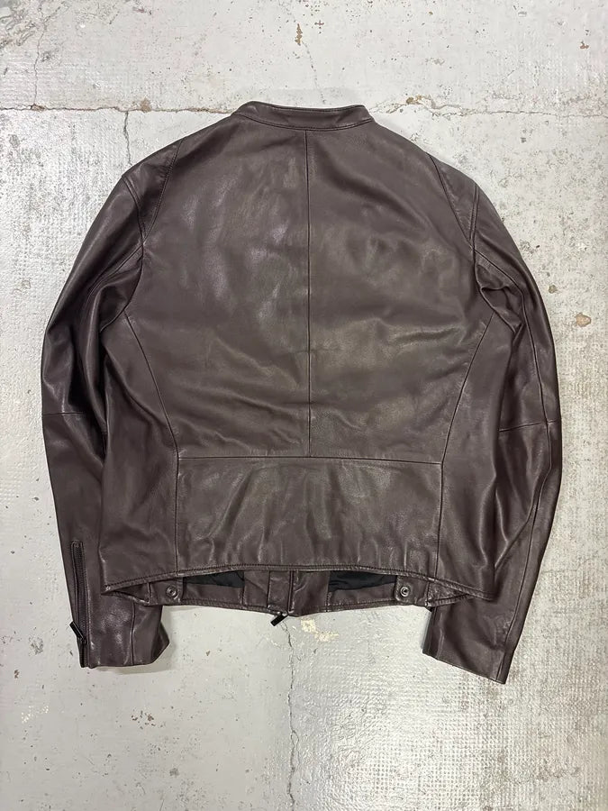 SS2016 Emporio Armani Brown Leather Biker Jacket qRMmgcg 4