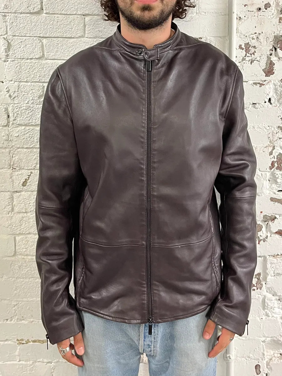 SS2016 Emporio Armani Brown Leather Biker Jacket qRMmgcg 1
