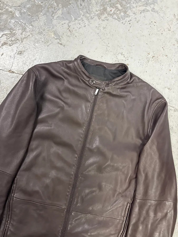 SS2016 Emporio Armani Brown Leather Biker Jacket qRMmgcg 3