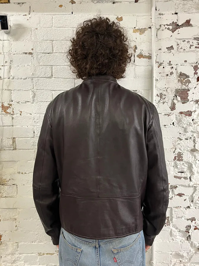 SS2016 Emporio Armani Brown Leather Biker Jacket qRMmgcg 2