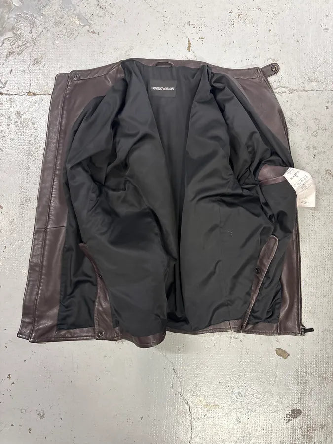 SS2016 Emporio Armani Brown Leather Biker Jacket qRMmgcg 6