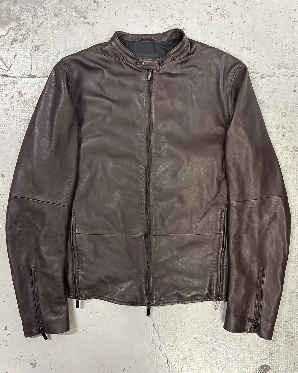 SS2016 Emporio Armani Brown Leather Biker Jacket qRMmgcg 0