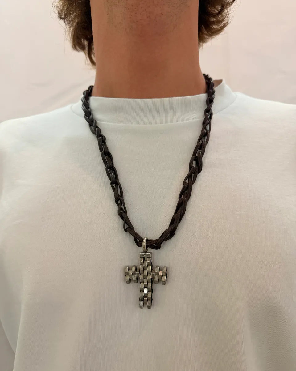 Emporio Armani Brown Leather Cross 3D Hardware Necklace BktoJvT 1