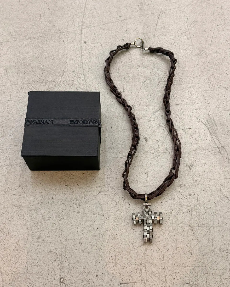 Emporio Armani Brown Leather Cross 3D Hardware Necklace BktoJvT 4