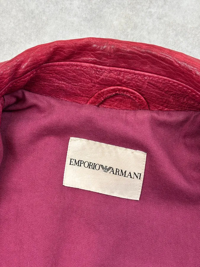 AW2005 Emporio Armani Burgundy Perfecto Grained Leather Jacket CWzyowU 12