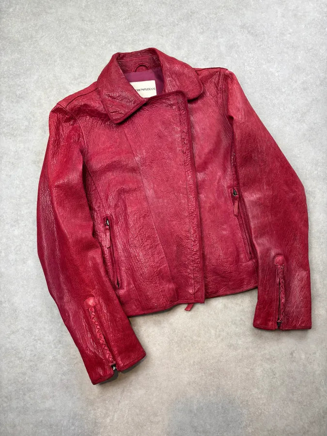 AW2005 Emporio Armani Burgundy Perfecto Grained Leather Jacket CWzyowU 3