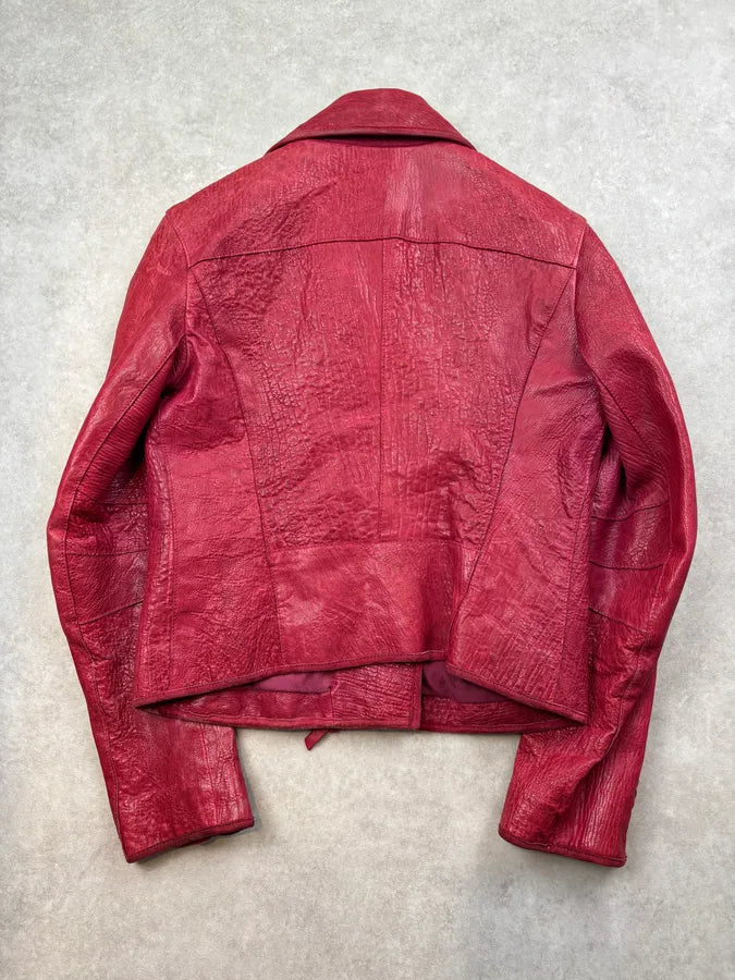 AW2005 Emporio Armani Burgundy Perfecto Grained Leather Jacket CWzyowU 5