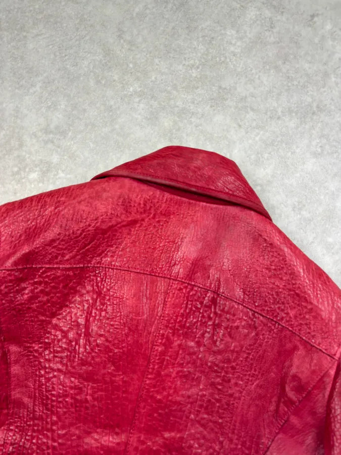 AW2005 Emporio Armani Burgundy Perfecto Grained Leather Jacket CWzyowU 6