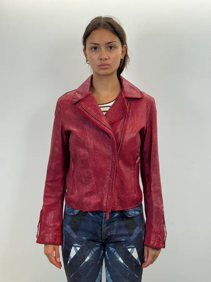 AW2005 Emporio Armani Burgundy Perfecto Grained Leather Jacket CWzyowU 1
