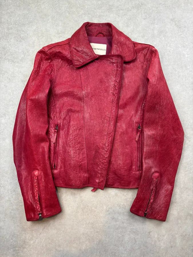 AW2005 Emporio Armani Burgundy Perfecto Grained Leather Jacket CWzyowU 0