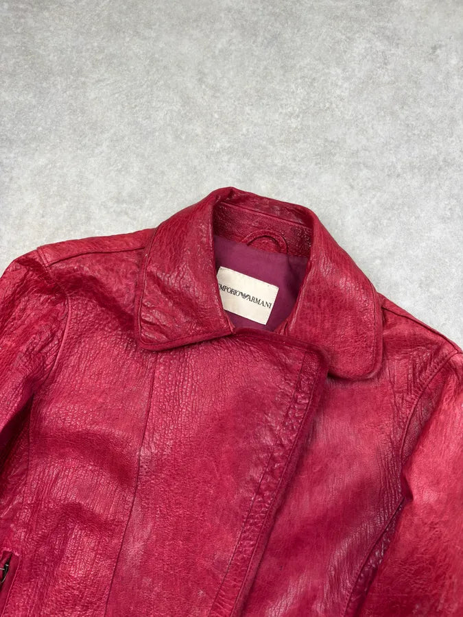 AW2005 Emporio Armani Burgundy Perfecto Grained Leather Jacket CWzyowU 4