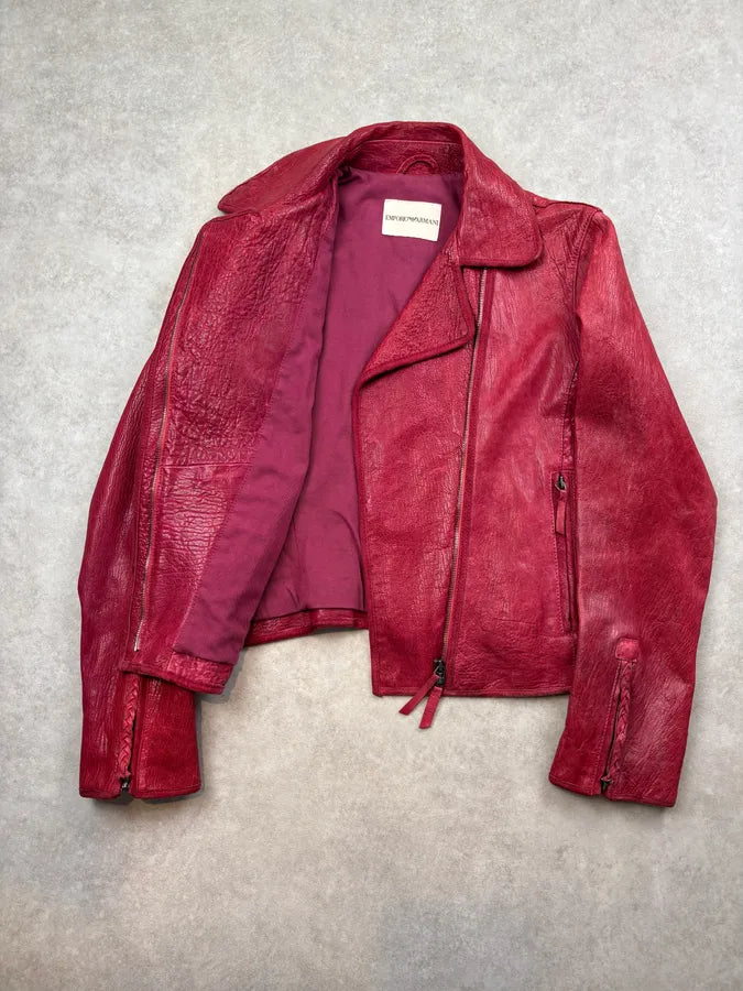AW2005 Emporio Armani Burgundy Perfecto Grained Leather Jacket CWzyowU 7