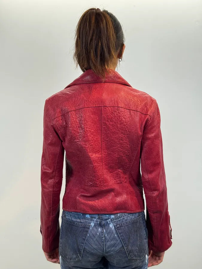 AW2005 Emporio Armani Burgundy Perfecto Grained Leather Jacket CWzyowU 2