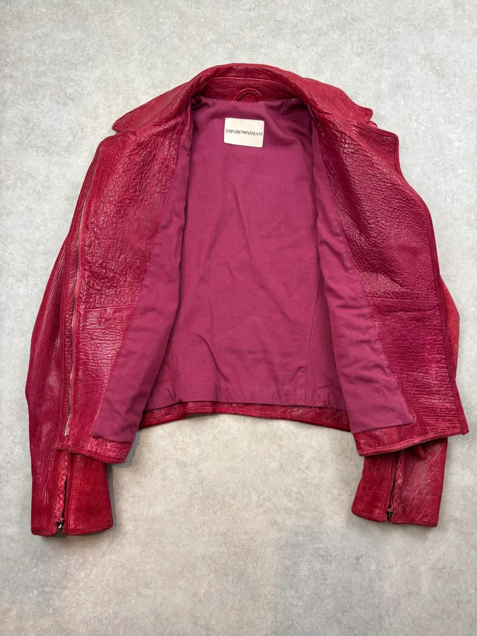 AW2005 Emporio Armani Burgundy Perfecto Grained Leather Jacket CWzyowU 8