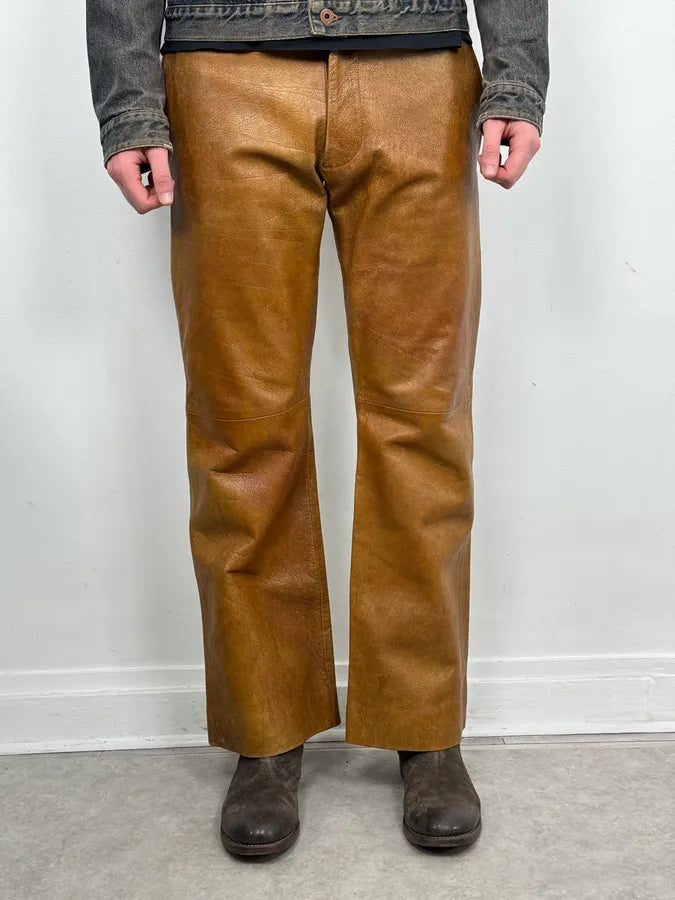 1990s Emporio Armani Cognac Silk-Lined Leather Pants InaTfDK 1