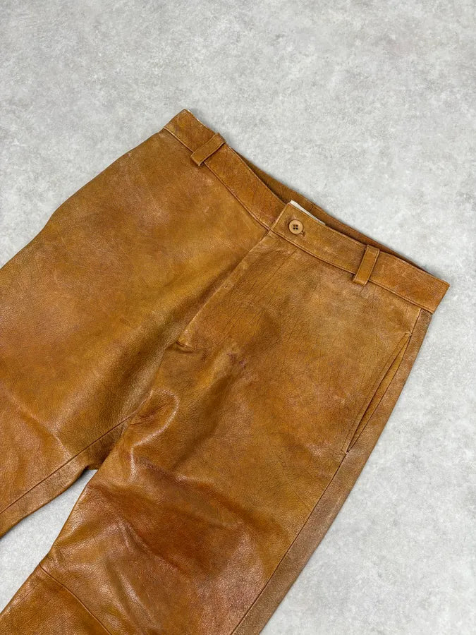 1990s Emporio Armani Cognac Silk-Lined Leather Pants InaTfDK 4