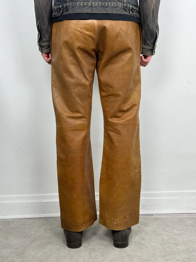 1990s Emporio Armani Cognac Silk-Lined Leather Pants InaTfDK 2