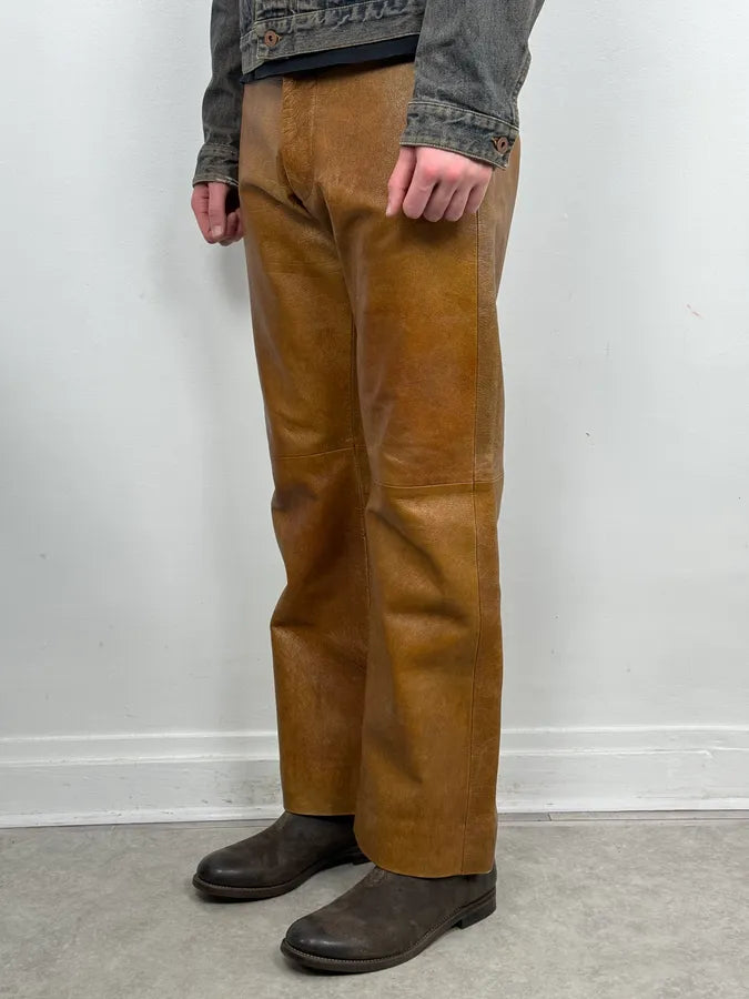 1990s Emporio Armani Cognac Silk-Lined Leather Pants InaTfDK 3