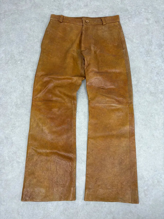 1990s Emporio Armani Cognac Silk-Lined Leather Pants InaTfDK 0