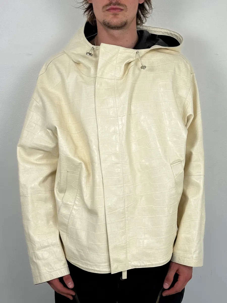 AW2022 Emporio Armani Creamy Leather Crocodile Embossed Hooded Jacket GtcOpDl 0