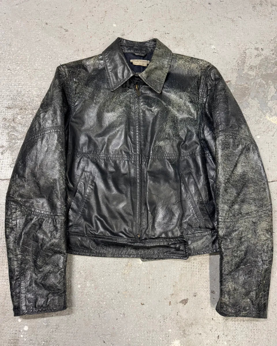 Emporio Armani Distressed Green Black Leather Jacket (XS) 0