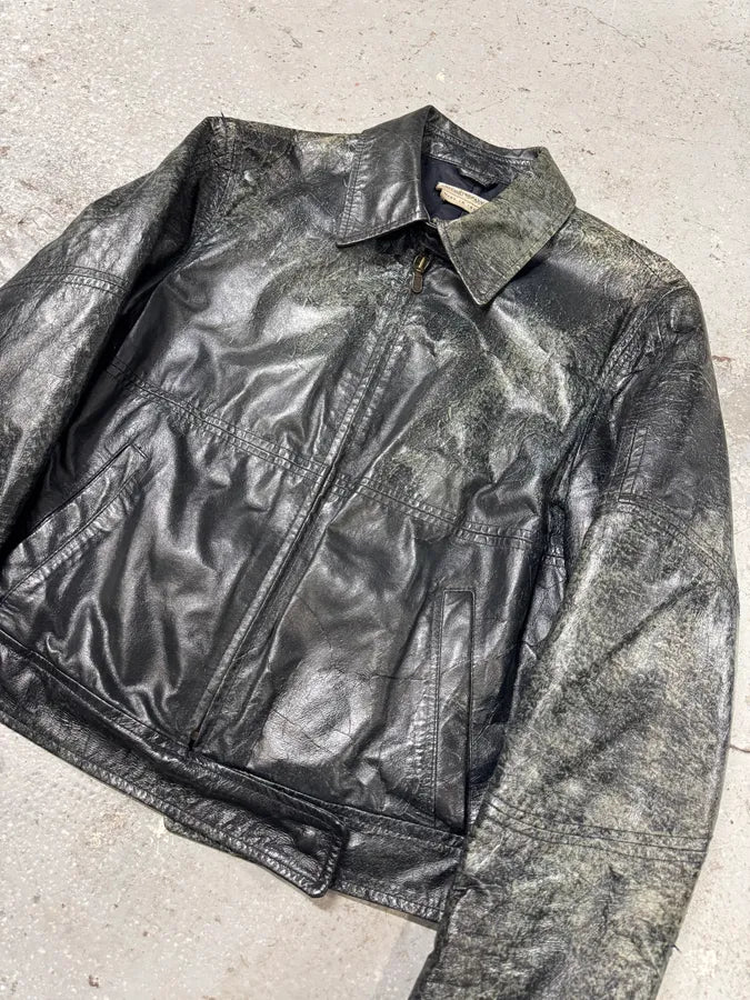 Emporio Armani Distressed Green Black Leather Jacket (XS) 1