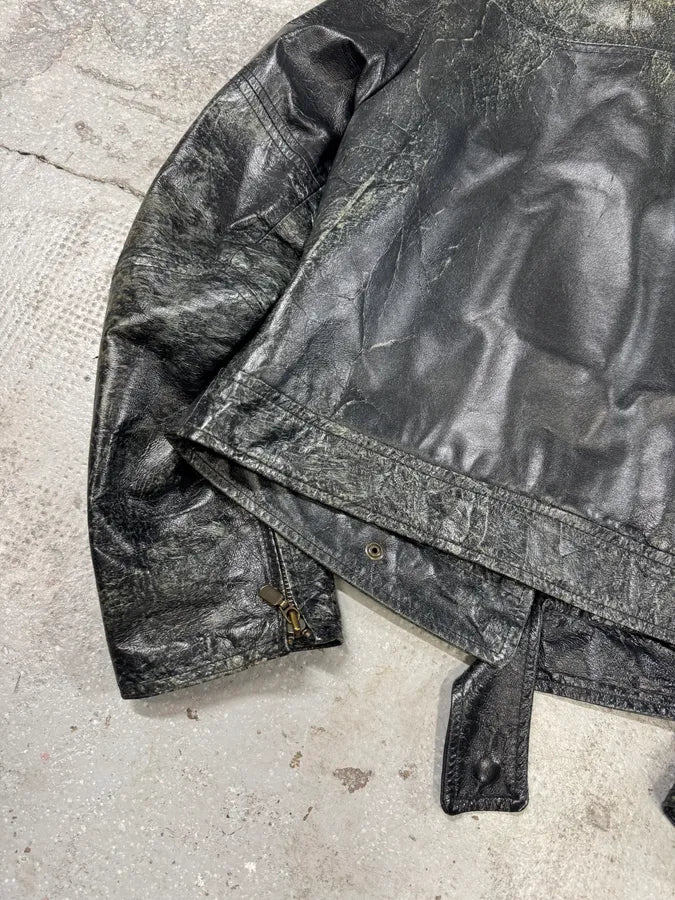 Emporio Armani Distressed Green Black Leather Jacket (XS) 10