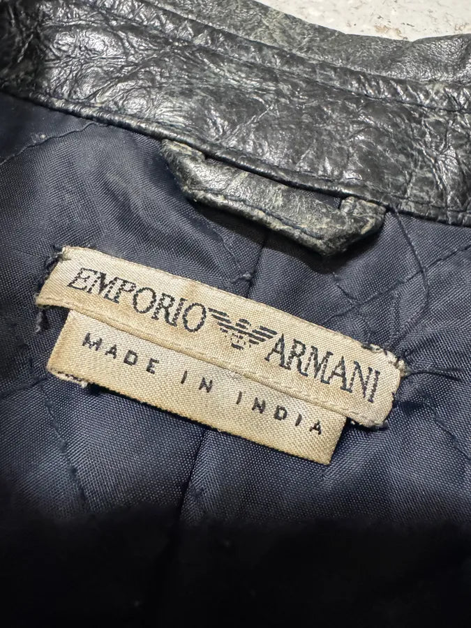 Emporio Armani Distressed Green Black Leather Jacket (XS) 12