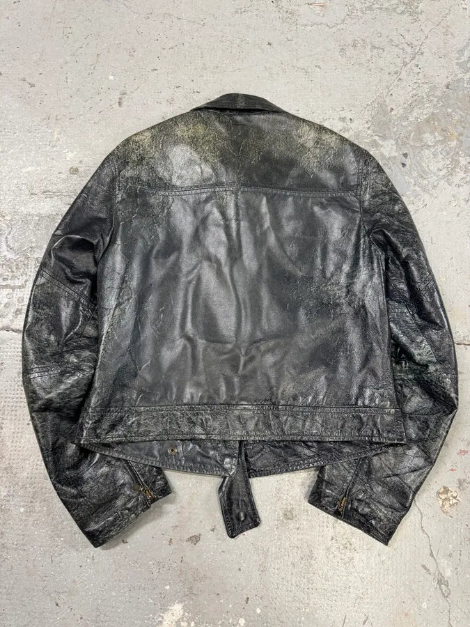 Emporio Armani Distressed Green Black Leather Jacket (XS) 3