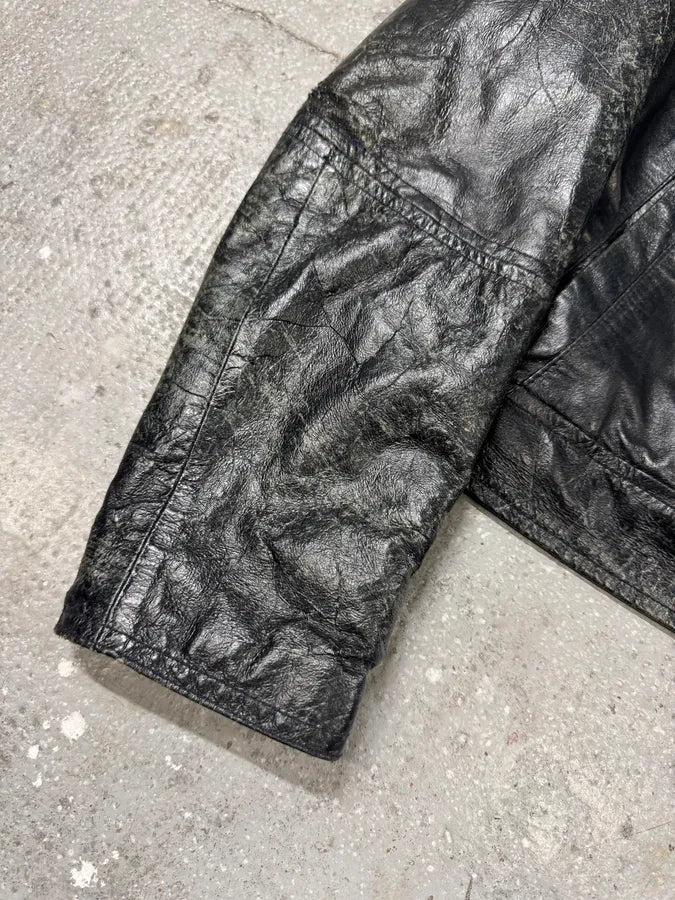 Emporio Armani Distressed Green Black Leather Jacket (XS) 4