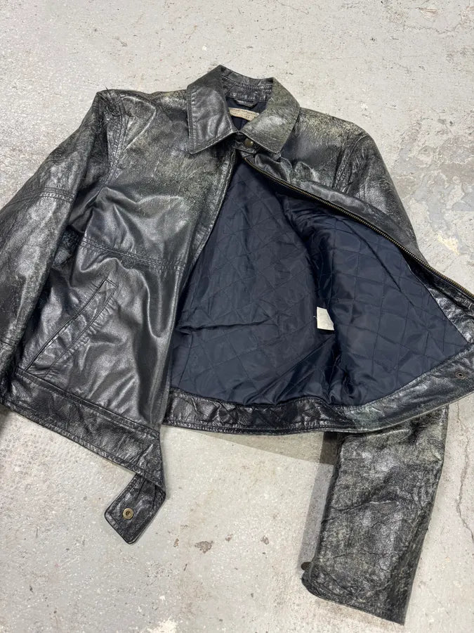 Emporio Armani Distressed Green Black Leather Jacket (XS) 7