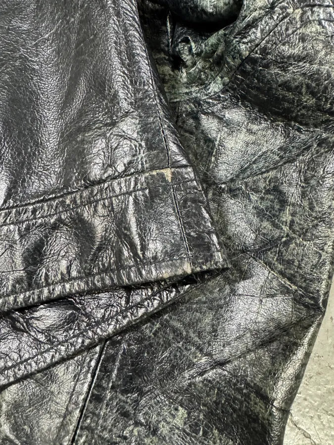 Emporio Armani Distressed Green Black Leather Jacket (XS) 8