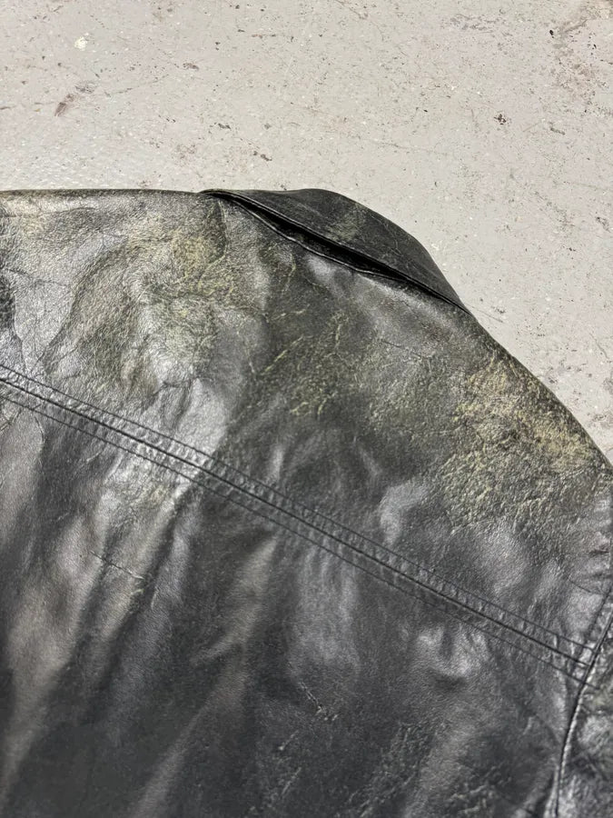 Emporio Armani Distressed Green Black Leather Jacket (XS) 9