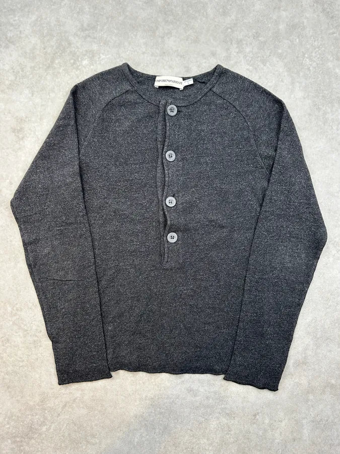 2000s Emporio Armani Grey Buttoned Henley Sweater QKbPnBv 0