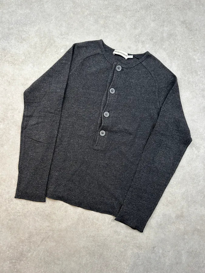 2000s Emporio Armani Grey Buttoned Henley Sweater QKbPnBv 3