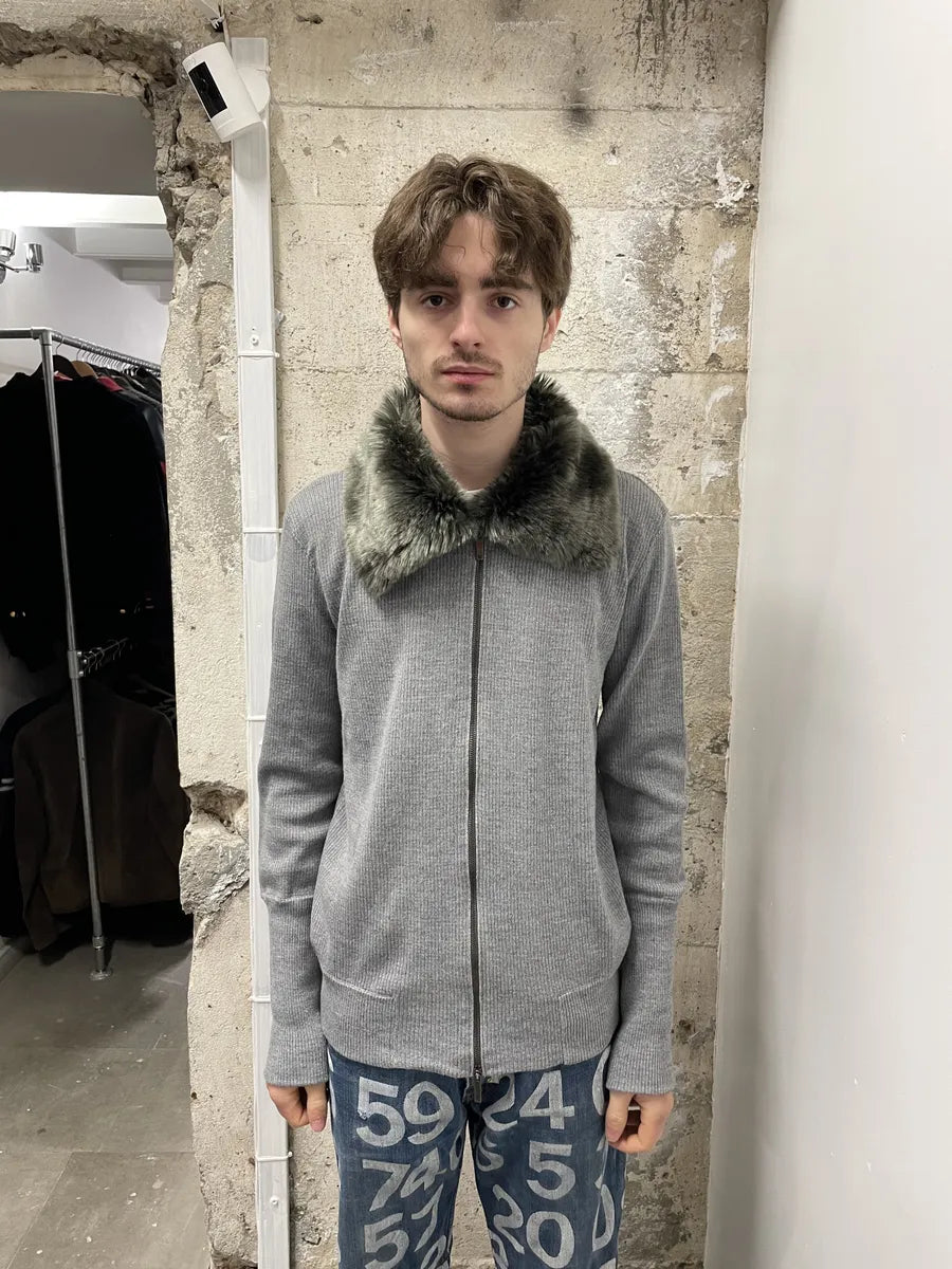 Emporio Armani Grey Fur Collar Zip-up Sweater (L) 0