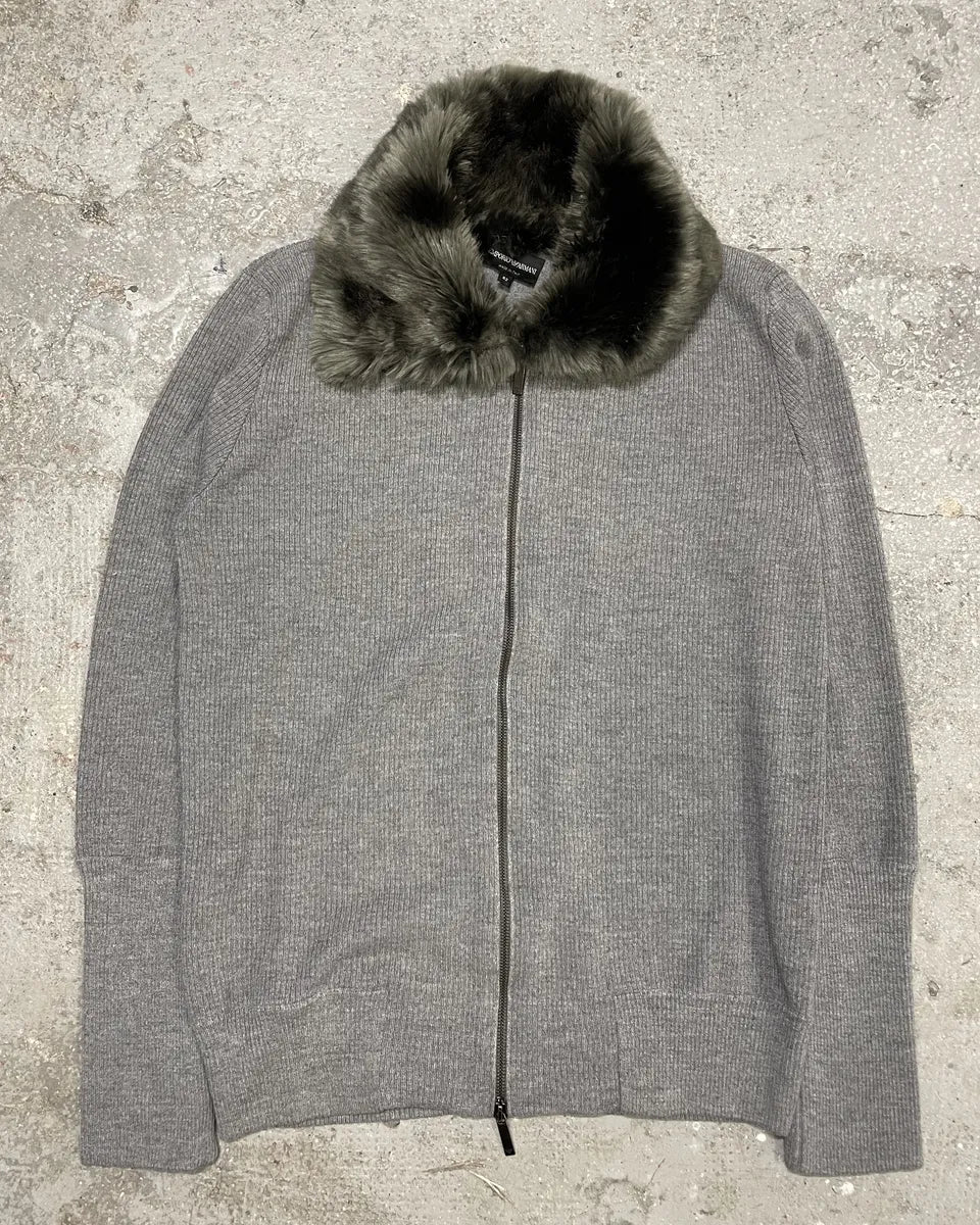 Emporio Armani Grey Fur Collar Zip-up Sweater (L) 1