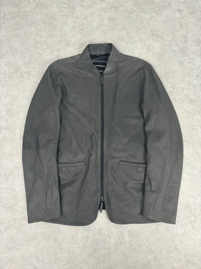 AW2017 Emporio Armani Grey Leather Perforated Bomber Jacket  yfWyFZl 0