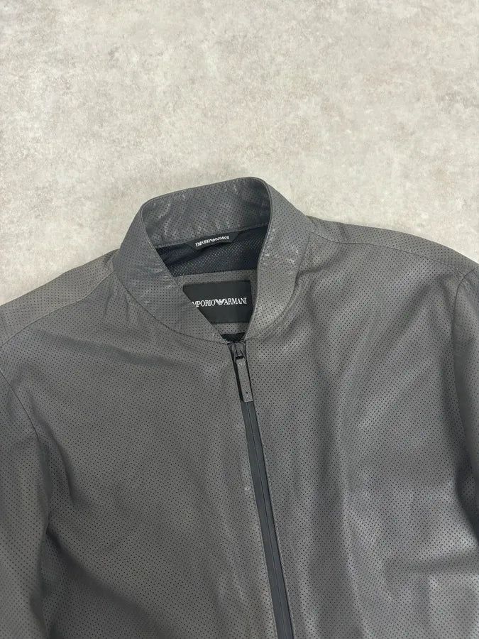 AW2017 Emporio Armani Grey Leather Perforated Bomber Jacket  yfWyFZl 3